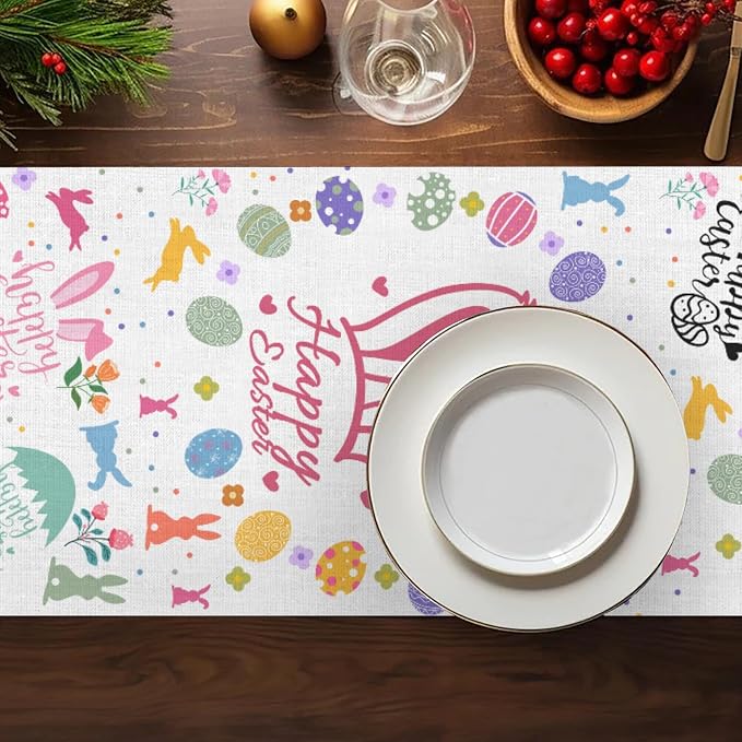 Happy Easter Table Runner, Easter Rabbits Linen Farmhouse Table Runners - Image 7
