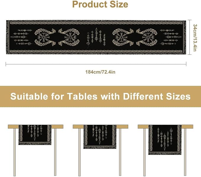 Viking Table Runner, Raven Ancient Rune Dragon Totem Norse Mystical Geometric - Image 7