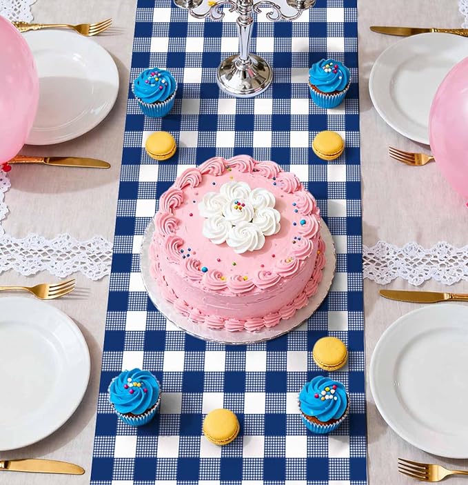 6 Pcs Navy Blue and White Checkered Table Runner Plastic 14 x 108 Disposable - Image 6