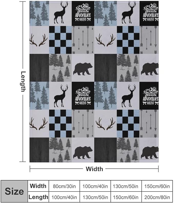 Bear Cabin Plaid Blanket, Rustic Retro Bear Deer Patchwork Gray Blue Farmhouse - Image 2