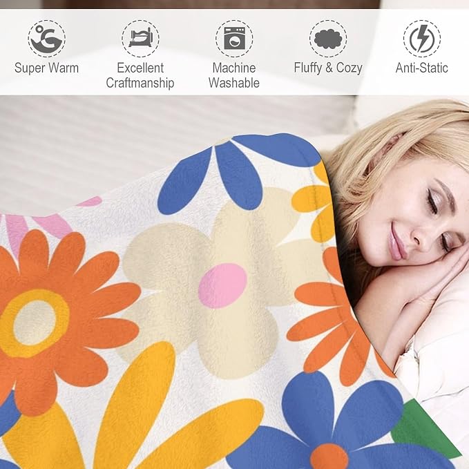 70s Retro Flower Throw Blanket, 60s Vintage Groovy Daisy Flowers Boho Hippie - Image 4