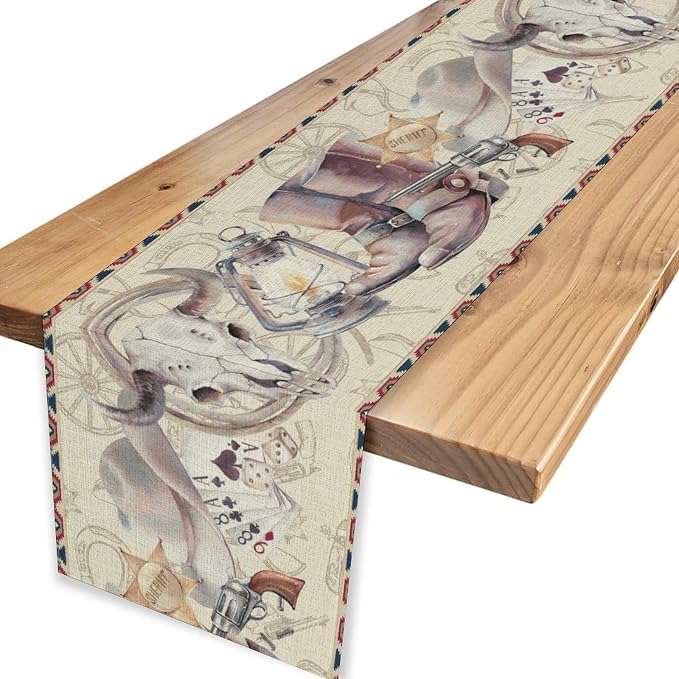 Western Cowboy Table Runner, Watercolor Rustic Country American Wild West - Image 4