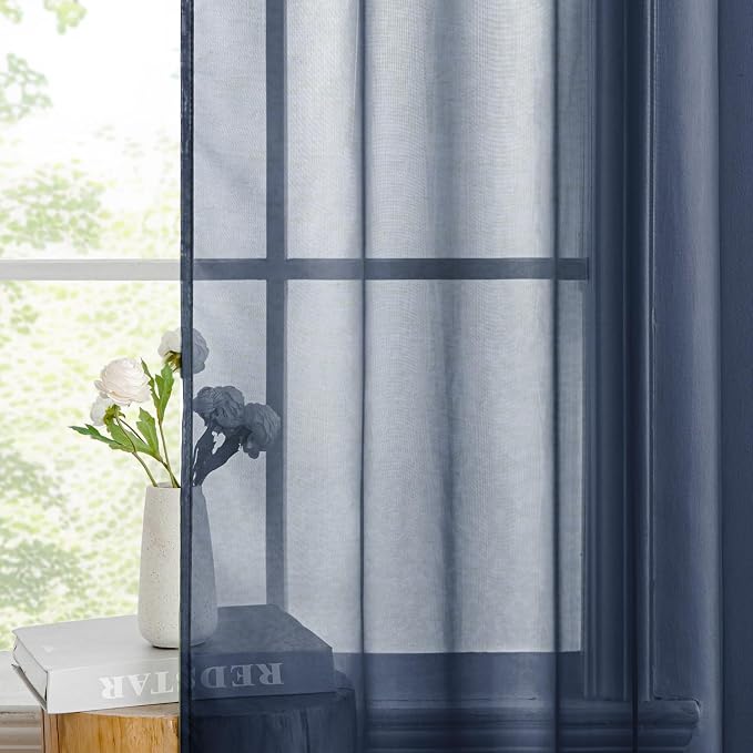 MIULEE 2 Panels Navy Blue Sheer Curtains 90 inches Long Window Curtains Rod - Image 5