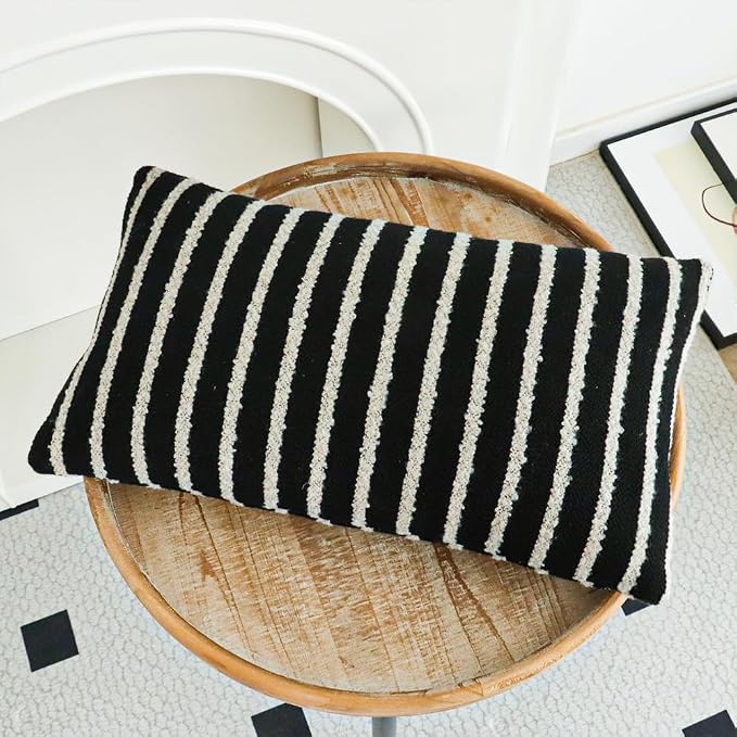 Jonhier Black Striped Lumbar Boho Throw Pillow Cover, Modern Boucle Textured - Image 7