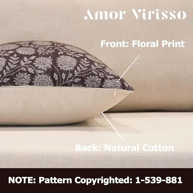 Amor Virisso Floral Pillow Covers 18x18 Throw Pillow Covers Vintage Block Print - Image 2
