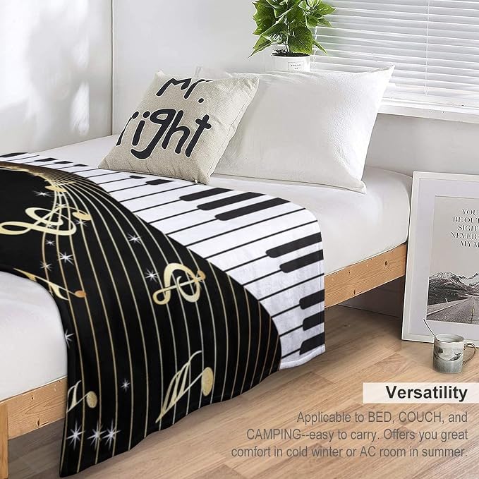 Music Note Blanket Black White Piano Keys Gold Music Note Soft Cozy Lightweight - Image 3