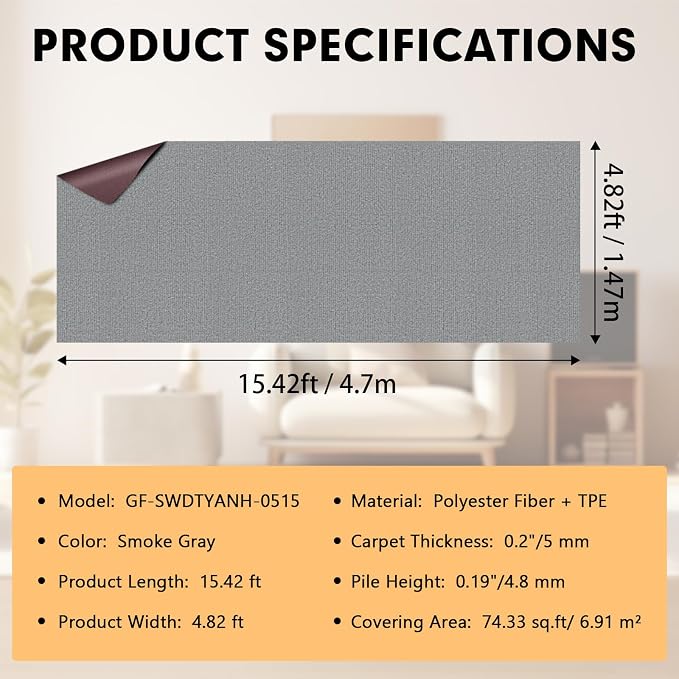 Marine Carpet, 5 FT x 15 FT Smoke Gray Indoor Outdoor Carpet 0.2" Thick Boat - Image 2