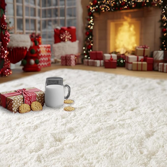 Cream White Plush Rug for Living Room Fuzzy Carpet for Bedroom Dorm, Non-Slip - Image 7