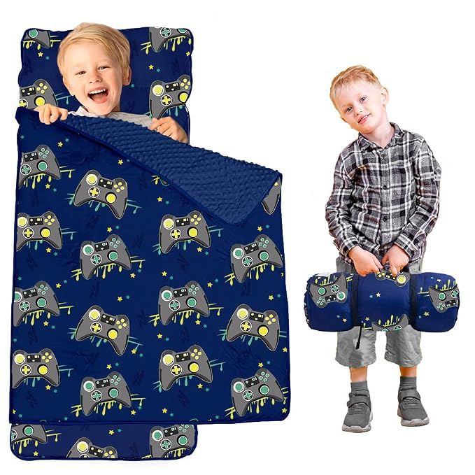 Toddler Nap Mat with Pillow and Minky Blanket, Large 55"x35" Sleeping Bag by Beavtaens