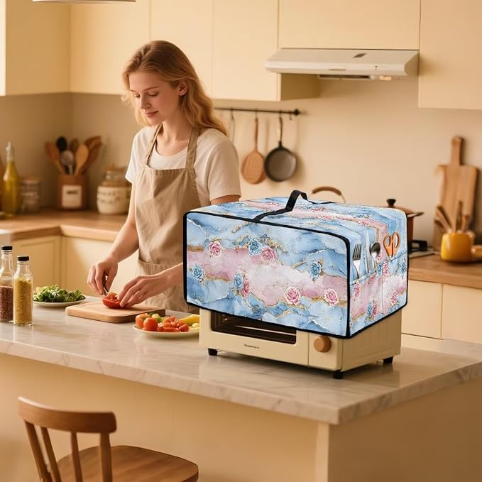 Rose Marble Texture Print Microwave Oven Grill Cover Protector Polyester-Linen - Image 3