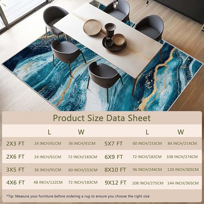 2x3 Abstract Entryway Area Rug Blue White Golden Bathroom Rug Non Slip Machine - Image 6