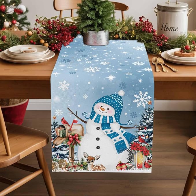 Blue Snowman Christmas Table Runner, 13x120 Inch, Xmas Tree Table Runners Elk by Unknown