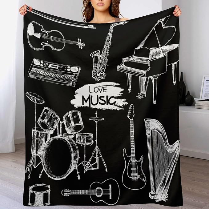 Music Blanket Drums Piano Guitar Black White Abstract Art Printed Soft Cozy - Image 5