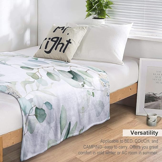Eucalyptus Leaf Throw Blanket, Watercolor Floral Spring Botanical Green Plants - Image 5