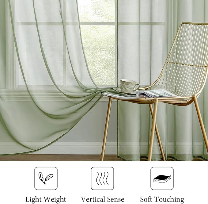 MIULEE 2 Panels Sage Green Sheer Curtains 108 inches Long Window Curtains Rod - Image 4