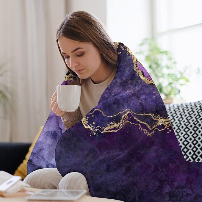 Modern Marble Blanket, Abstract Luxury Baroque Art Golden Purple Stone Veins - Image 7
