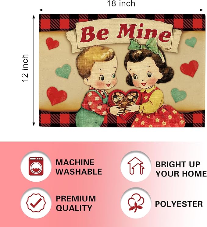 Vintage Valentines Day Kids Placemats Set of 4, Retro Boy Girl Red Blue Love - Image 2