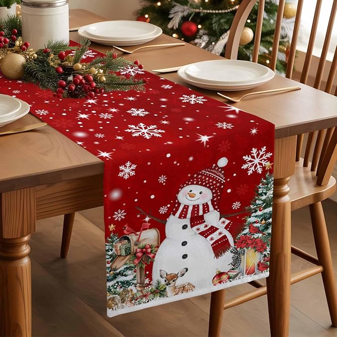 Red Snowman Christmas Table Runner, 13x108 Inch, Xmas Tree Table Runners Elk - Image 2