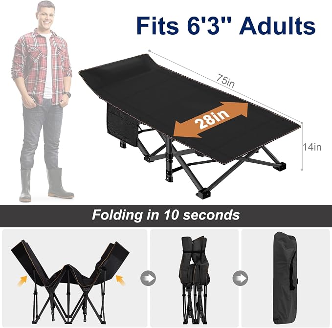 ABORON Camping Cot for Adult 28" Extra Wide, 2PK Heavy-Duty 1200D Oxford Cot - Image 6