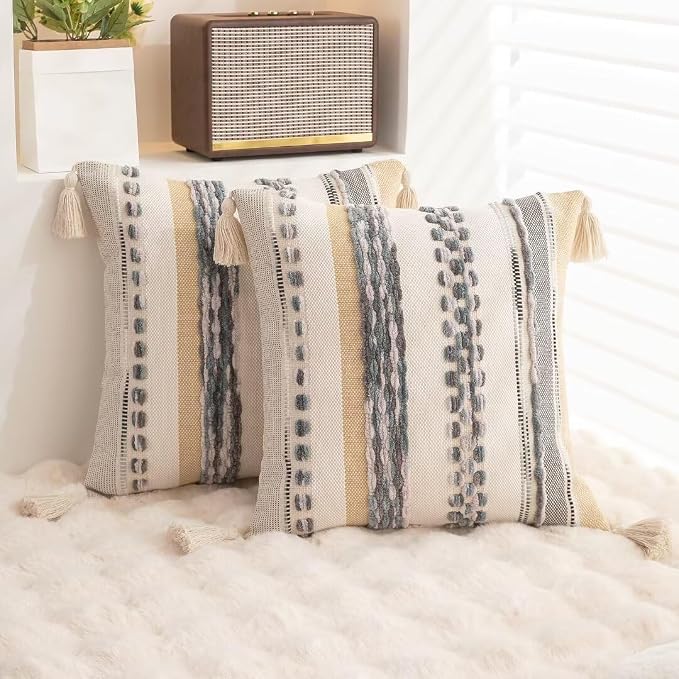 Boho Throw Pillow Covers 18x18 Set of 2 Woven Tufted Farmhouse Pillows Cover - Image 4