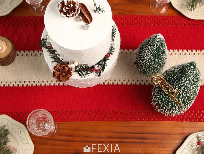 FEXIA Boho Red Table Runner for Holiday Decoration 72 Inches Long Red & Cream - Image 5