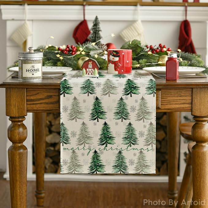 Artoid Mode Xmas Trees Snowflake Christmas Table Runner, Seasonal Winter Green - Image 2