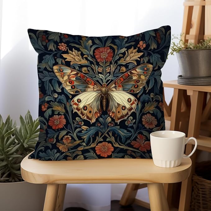 William Morris Abstract Vintage Floral Velvet Butterfly Design Throw Pillow - Image 6