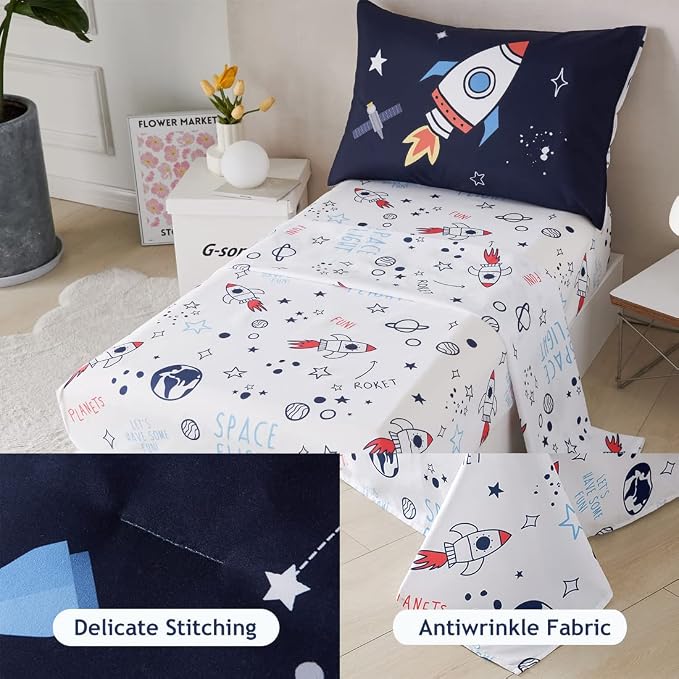 PERFEMET Twin Comforter Set 4 Piece Kids Space Rockets Comforter Bed in A Bag - Image 4