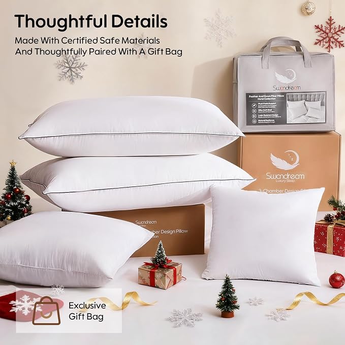 Goose Feather Down Fiber Pillows Queen Size Set of 2, Luxury 3-Chamber Pillows - Image 6