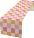 Pink Checkered Table Runner, Vintage 70s Abstract Cute Modern Hippie Table by Unknown