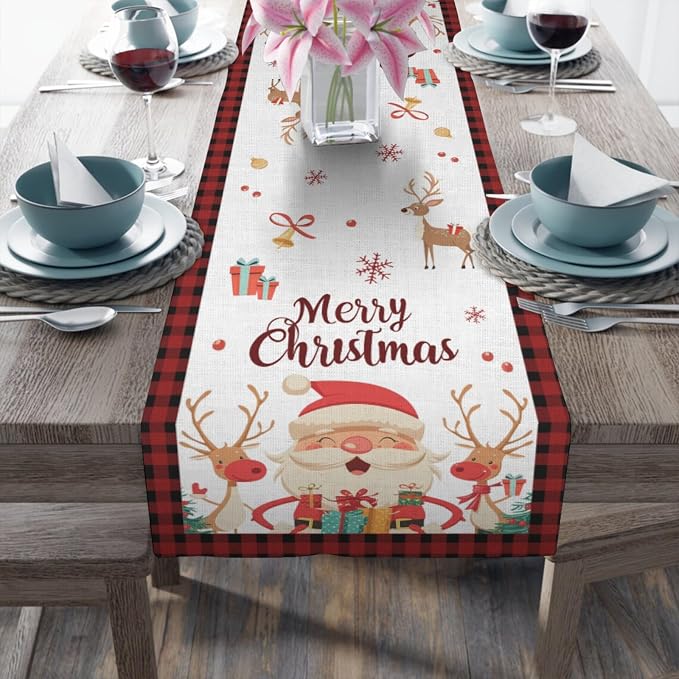 Christmas Table Runner, Merry Christmas Santa Claus Linen Table Runner - Image 5