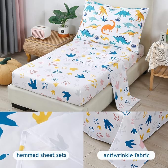PERFEMET 4 Pieces Toddler Bedding Set Cartoon Dinosaur Print Comforter Sheet Set - Image 4