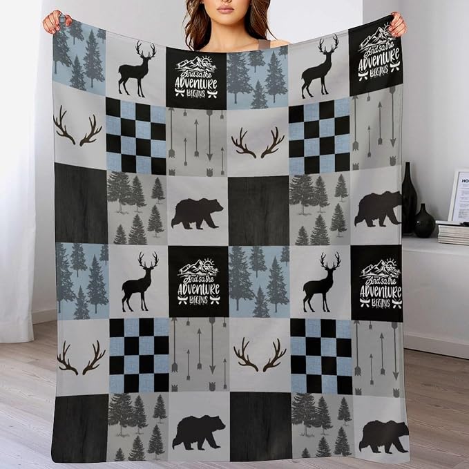 Bear Cabin Plaid Blanket, Rustic Retro Bear Deer Patchwork Gray Blue Farmhouse - Image 8