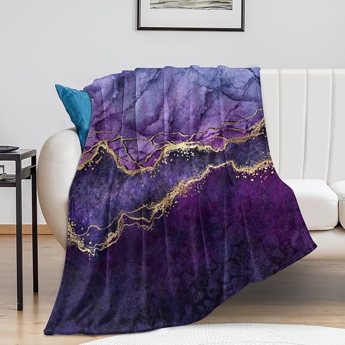 Modern Marble Blanket, Abstract Luxury Baroque Art Golden Purple Stone Veins by Unknown