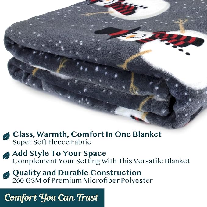 PAVILIA Christmas Snowman Throw Blanket | Grey Christmas Fleece Blanket | Soft - Image 9
