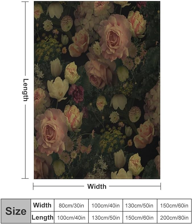 Black Floral Blanket, Rustic Watercolor Botanical Rose Peony Vintage Leaves - Image 2