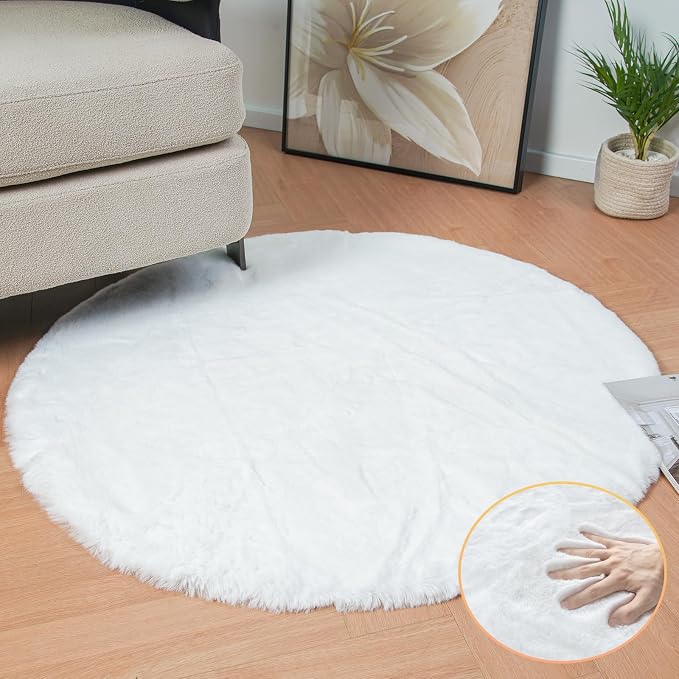 White Faux Rabbit Washable Fur Area Rugs Circle Rugs - Image 2