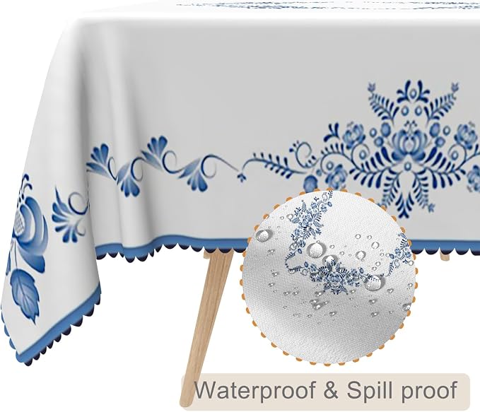 70x90inches Blue Floral Rectangle Tablecloth Blue and White Porcelain - Image 2