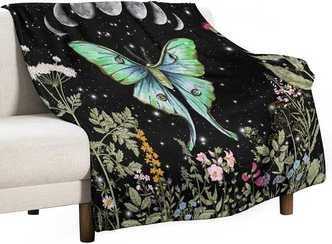 Moth Floral Flannel Blanket, Gothic Witchy Moon Phase Botanical Vintage by JanJCurt