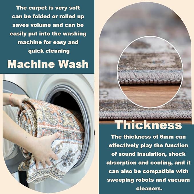 Washable Area Rug 8'x10' Retro Floral Khaki Boho Design Non-Shedding Non-Slip - Image 4