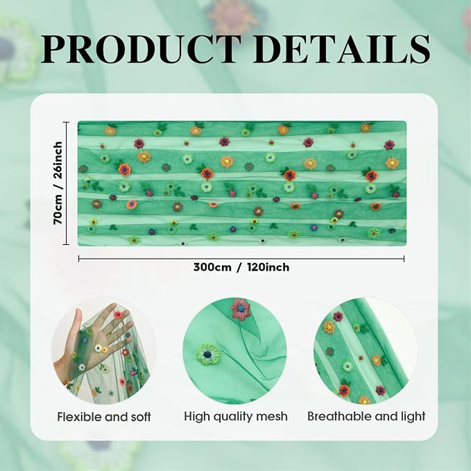 Artoid Mode Dark Green Embroidery Daisy Gauze Table Runner 120 Inch 10FT - Image 5