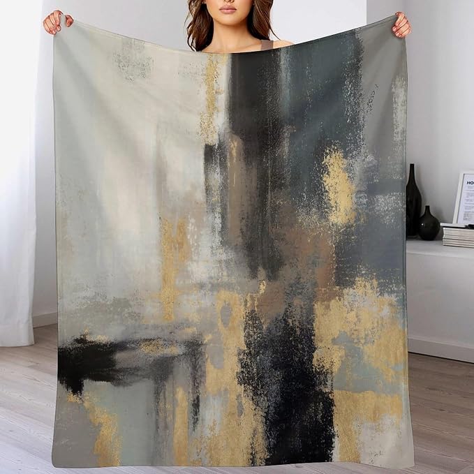 Fashion Gradient Blanket, Modern Abstract Baroque Glod Grey Painting Strokes - Image 5