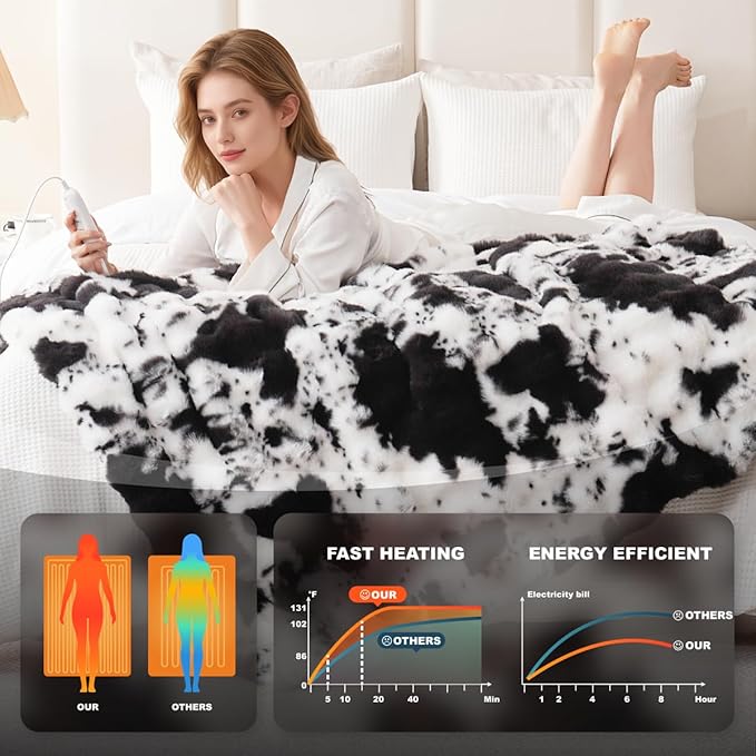 Cow Print Heating Throw Blankets Luxurious Western Soft Bubble Faux Rabbit Fur - Image 3