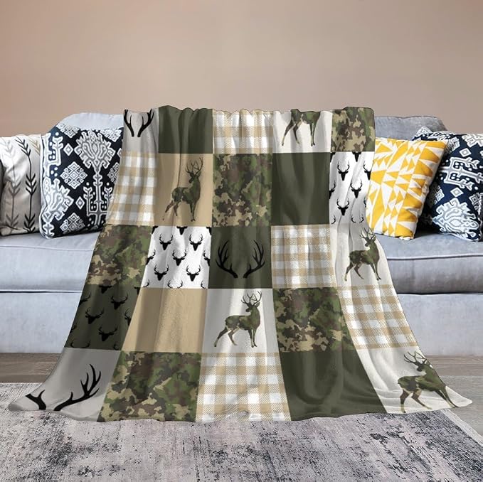 Camouflage Deer Blanket, Vintage Camo Green Beige Plaid Rustic Cabin Wildlife - Image 6
