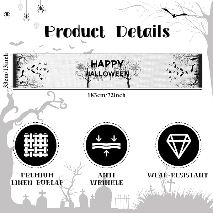 Happy Halloween Table Runner Spooky Forest Ghost Witch Spider Web Bats Pumpkin - Image 6