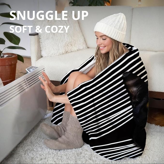 Funny Black Cat Blanket, Funny Cats Black and White Striped Throw Blankets - Image 5
