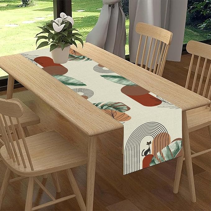 Mid Century Modern Table Runner, Abstract Green Leaves Black Cat Tropical - Image 2