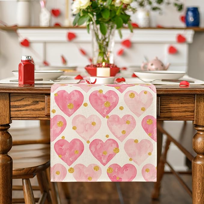 Artoid Mode Golden Pink Love Valentine's Table Runner, Seasonal Anniversary - Image 2
