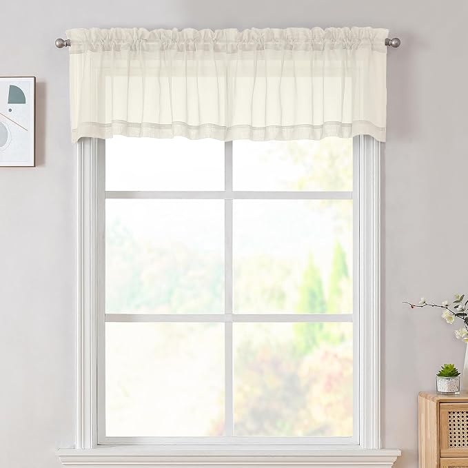 OVZME Cream Sheer Valances for Windows 14 Inch Length 2 Pcs, Light Filtering by OVZME