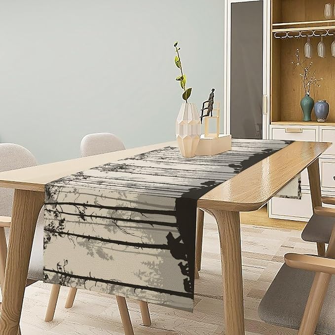 Retro Bear Table Runner, Rustic Foggy Forest Wild Animal Table Runner - Image 3